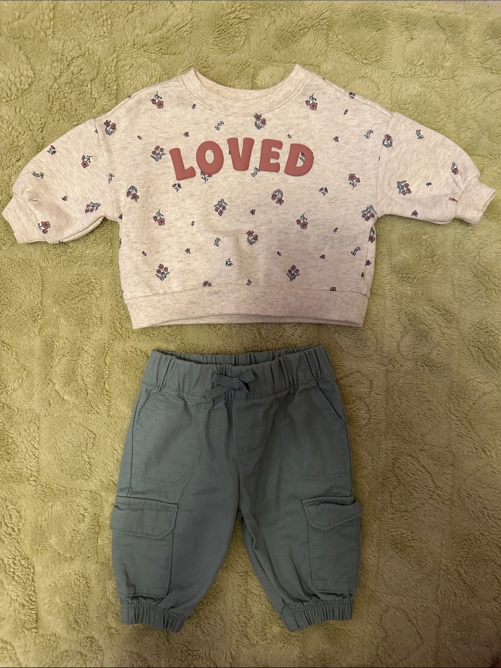 'LOVED' Floral Sweatshirt and Sage Cargo Joggers Set